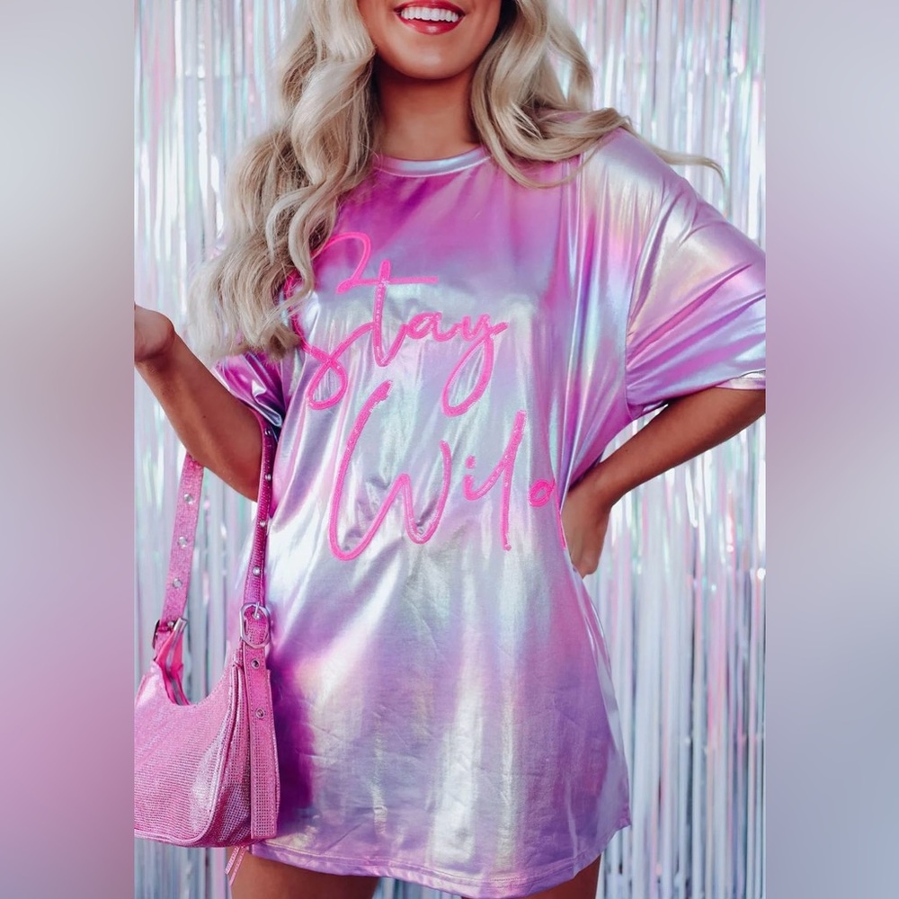 BRAND NEW Purple Shiny Iridescent “Stay Wild” Graphic Oversized Tee Size Large